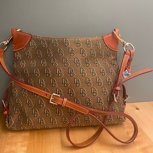 Dooney & Bourke Brown Tan Signature Mongrammed Classic Shoulder Bag Leather Trim
